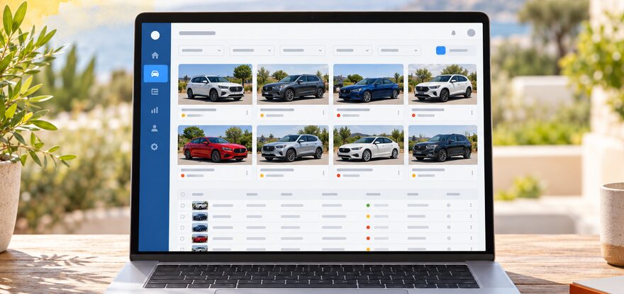 車両在庫を一覧できる管理画面を表示したノートPC