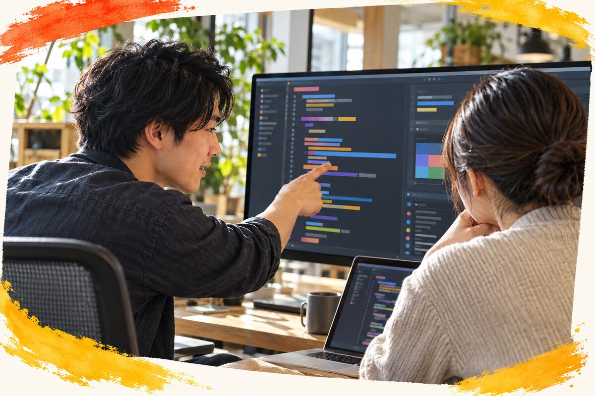 ノートPCを囲んで話す開発チーム